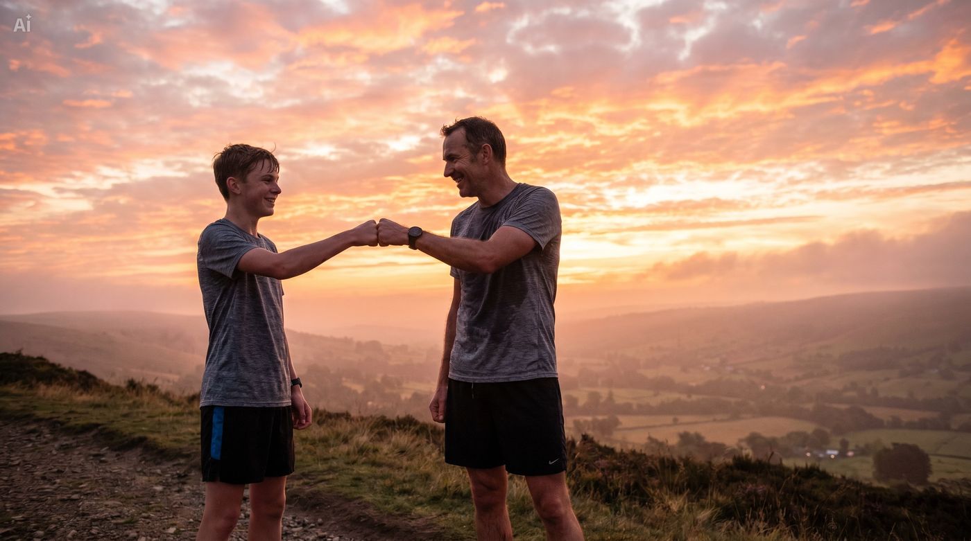 Dad and son fist bump at sunrise